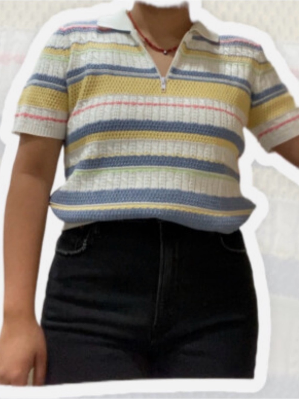 Alfred Dunner White Knit Half-Zip Top with Blue, Yellow, Green & Pink Stripes